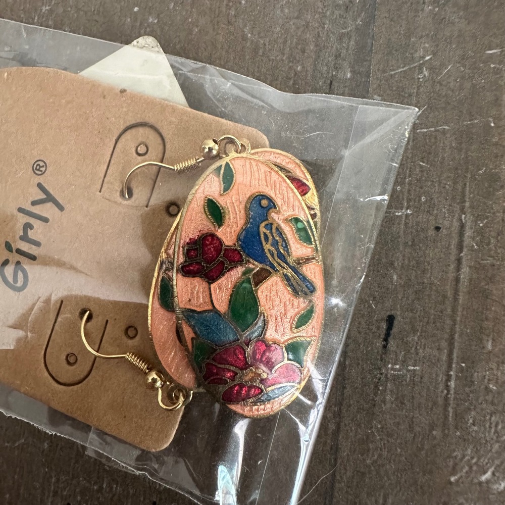 Girly Cloisonne Bird Dangle Earrings Womens Pink Floral Enamel Gold Tone New
